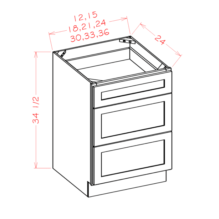 Shaker Black Three Drawer Base Cabinet
