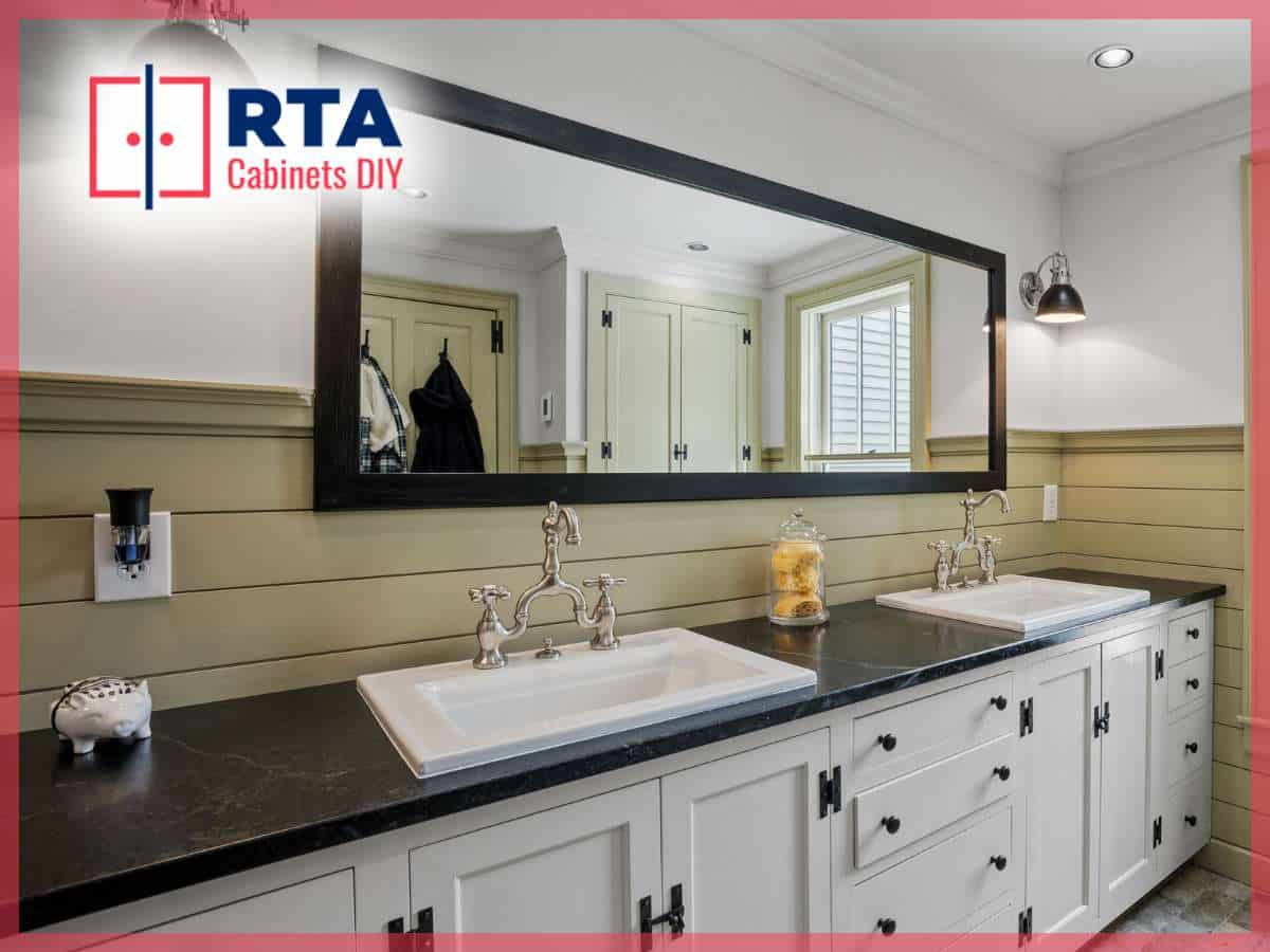 Modern double-sink vanity with white Bathroom Cabinets and black countertop in a stylish, well-lit bathroom.