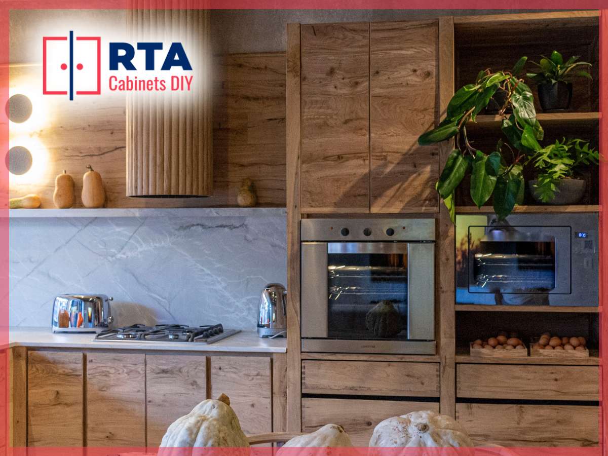 Farmhouse kitchen cabinet with rustic charm featuring natural wood finish and cozy, modern country design